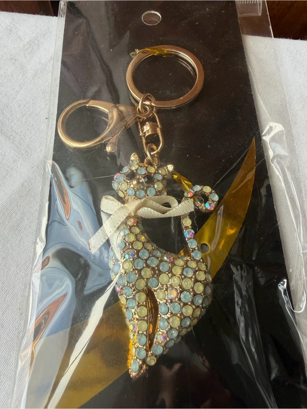 NWT Rhinestone Cat Keychain Opalescent Crystal Kitty Purse Charm